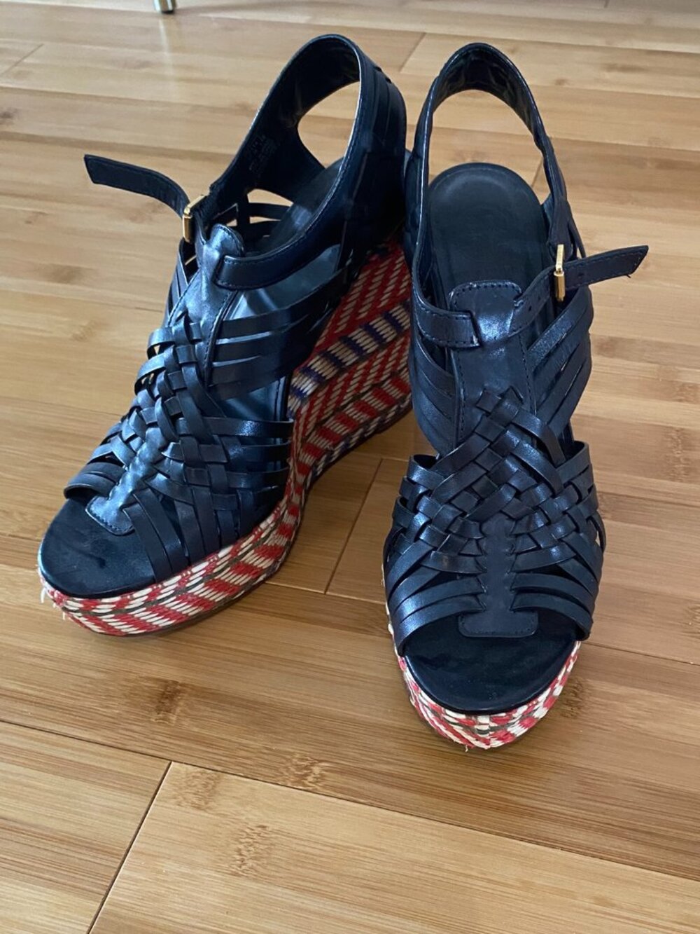Tory Burch Black Leather Wedges with woven pattern heel
